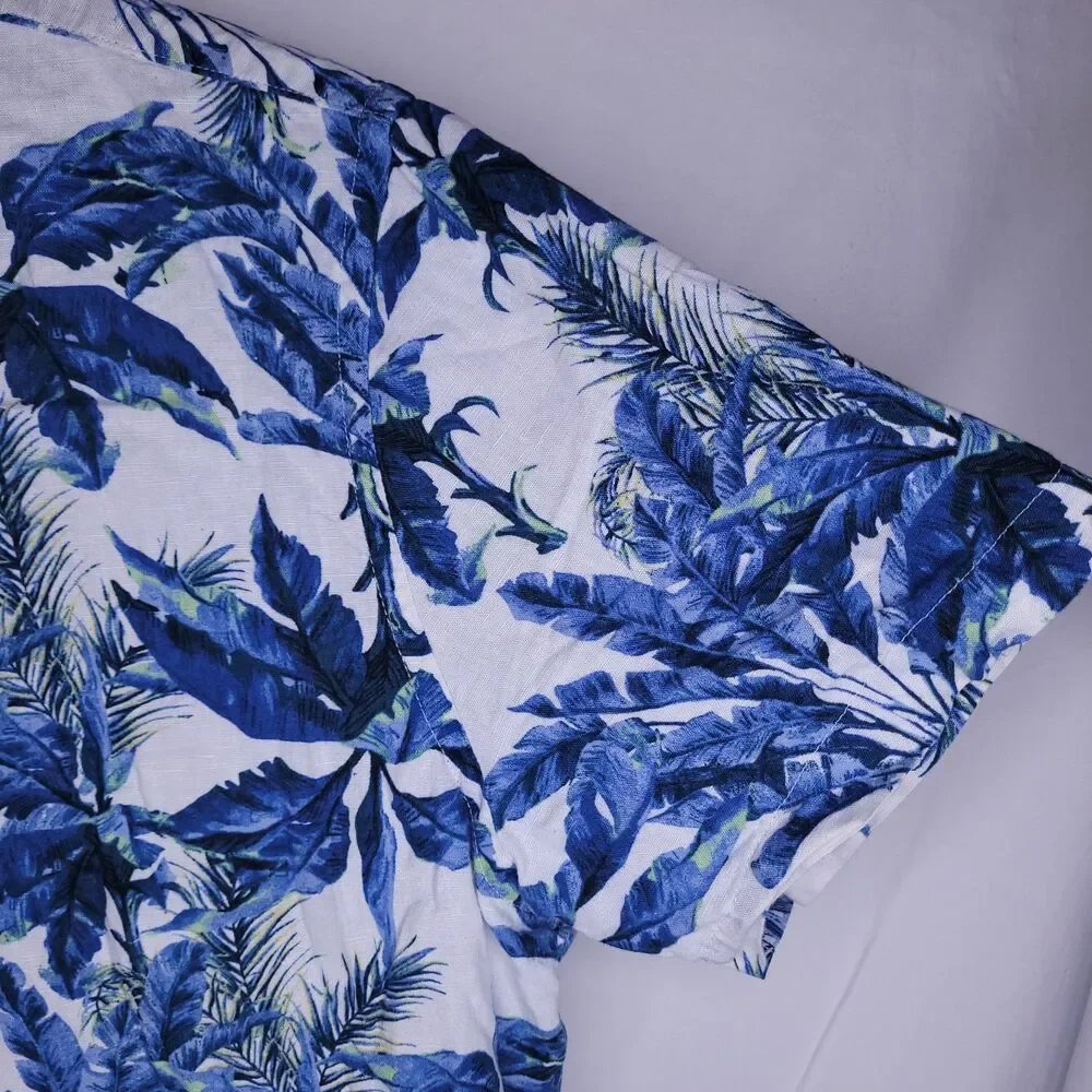 Banana Republic Linen Shirt Mens XL Floral Palm Blue, White Slim Fit
